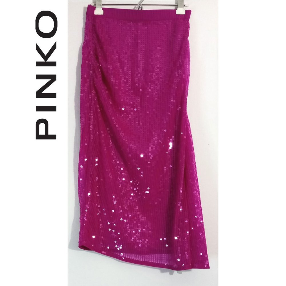 Pinko Sequin Galore Pink Maxi Tube Skirt Holiday Party  Side Zipper Sz S